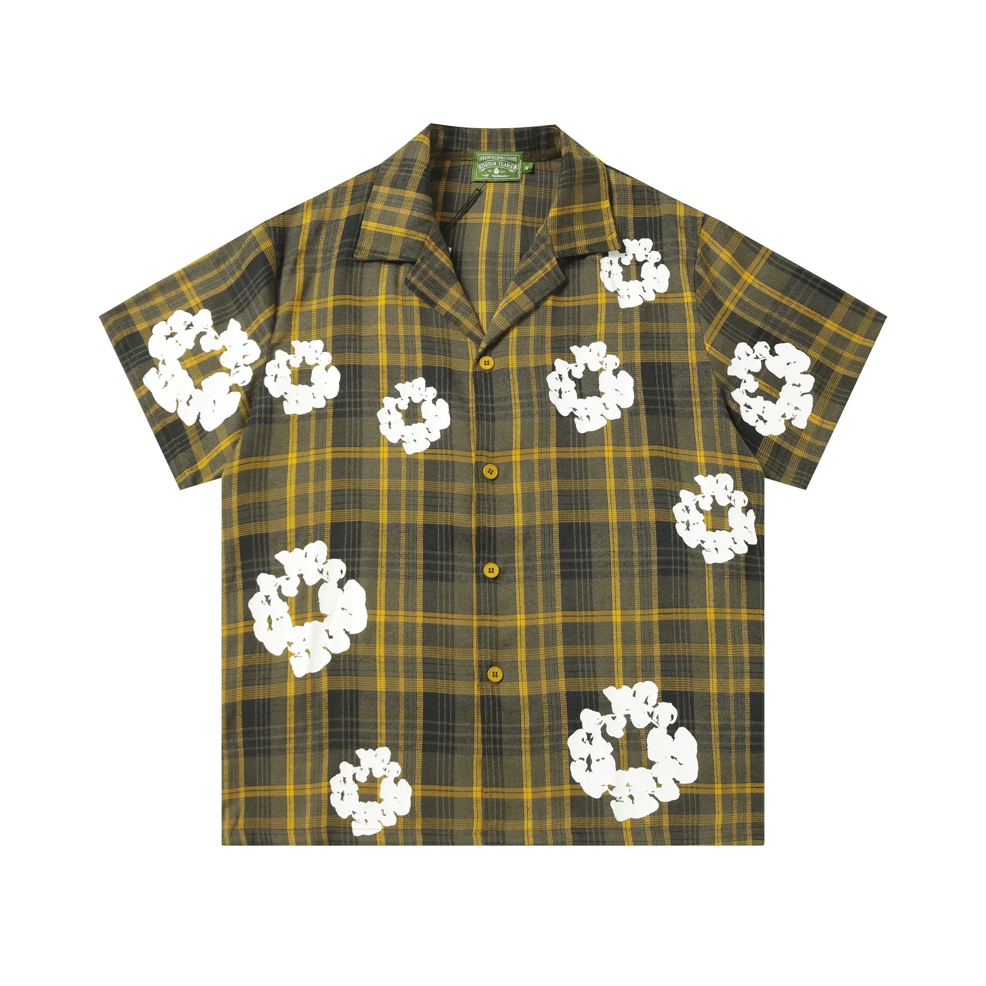P116 388 DENIM TEARS Kapok European and American trendy brand high-quality plaid short-sleeved shirt set Color Red Gray Yellow Size S-XL